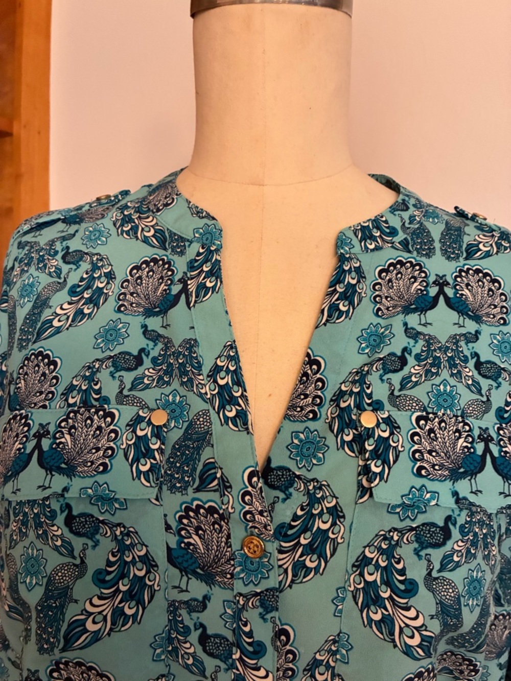 Charter Club Teal Blue Printed Button-Front Blouse Floral Peacock Flap Pockets